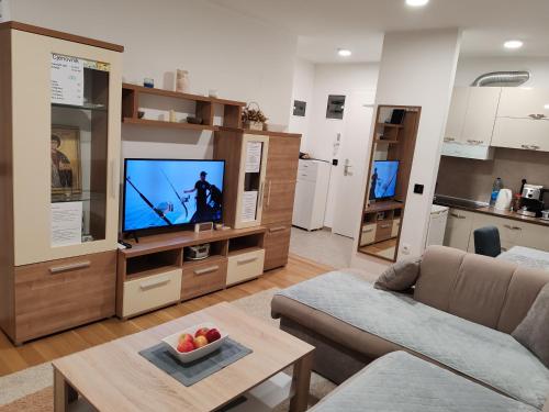 a living room with a couch and a tv at Apartman Max in Modriča