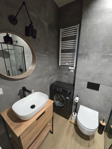 a bathroom with a sink and a washing machine at Apartament Park Trzy Stawy in Katowice