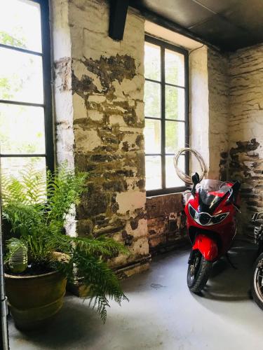 a red motorcycle parked in a room with plants at Historic manoir in Vire Normandy elegance in a semi-rural setting ideal for groups and families in Vire