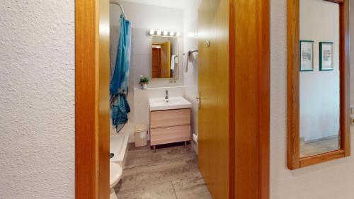 La salle de bains est pourvue d'un lavabo, de toilettes et d'un miroir. dans l'établissement Ort Lemkenhafen Segler, à Fehmarn