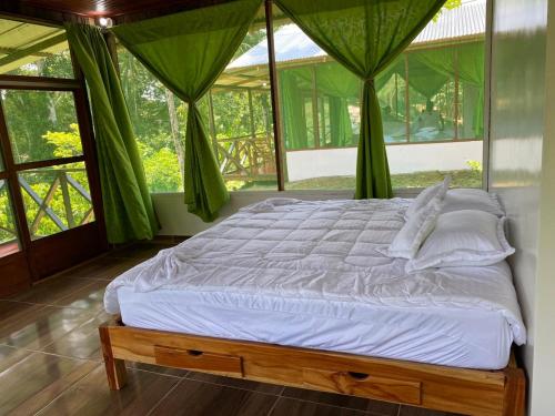 Cama grande en habitación con cortinas verdes en Amazon Açaí Lodge en Leticia
