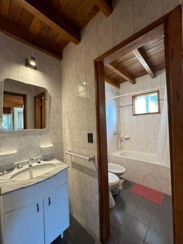 La salle de bains est pourvue d'un lavabo, de toilettes et d'une baignoire. dans l'établissement Huilen de Bandurrias, à San Martín de los Andes