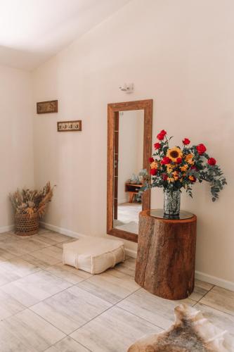 a room with a mirror and a vase of flowers at Casa Paraíso in Federación