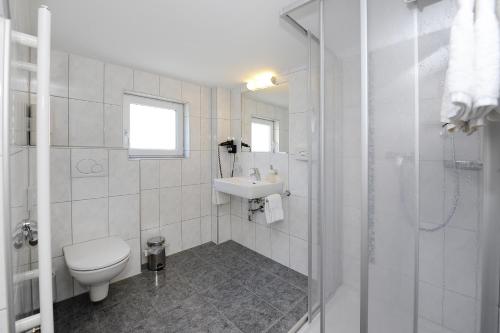 a white bathroom with a toilet and a sink at Aktiv-Ferienwohnungen Montafon in Sankt Gallenkirch