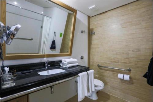 La salle de bains est pourvue d'un lavabo, de toilettes et d'un miroir. dans l'établissement Apartamento Radisson Belém, à Belém