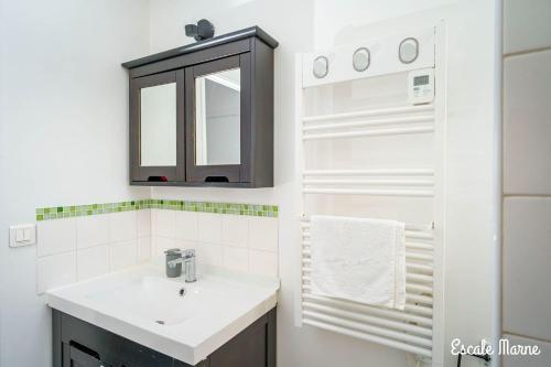 een witte badkamer met een wastafel en een spiegel bij escale-marne fr - 21 - Appartement entier, 4 pers, 10mn metro 8, RER A, Parking rue Gratuit, Grand Matelas Emma, Cuisine Équipée, Vue panoramique, 2ème étage in Maisons-Alfort