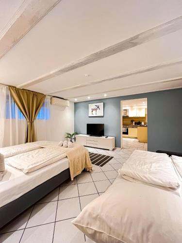 two beds in a room with a tv on the wall at EPA Apartment - Swedish style Souterrain in Rust