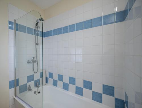 a bathroom with a shower with blue and white tiles at 6 Shorehead, Portsoy in Portsoy
