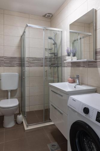 a bathroom with a shower and a toilet and a sink at Stephanie green island apartments in Šipanska Luka