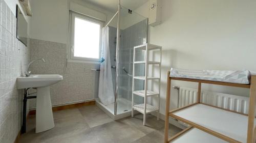 une salle de bain avec douche et lavabo dans l'établissement Maison - Réville avec son boulodrome !, à Réville