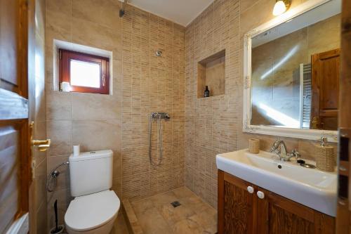 a bathroom with a toilet and a sink and a shower at Garsonka u pivovaru, centrum Rožnov in Rožnov pod Radhoštěm