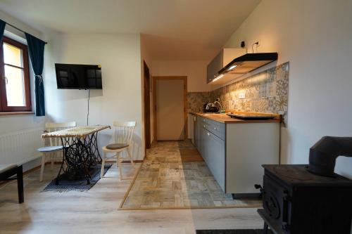 a kitchen with a counter and a table with chairs at Garsonka u pivovaru, centrum Rožnov in Rožnov pod Radhoštěm