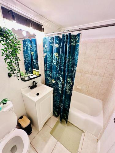 a bathroom with a toilet and a shower curtain at Charming Jax Apt for 4 with free parking in Jacksonville