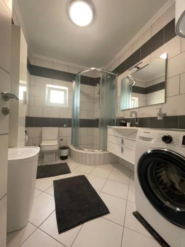 a bathroom with a washing machine and a toilet at Apartman Kis in Jajce