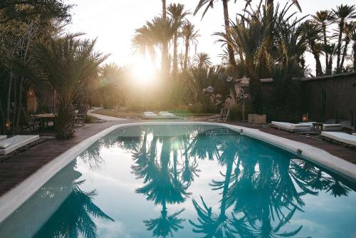 a large swimming pool with palm trees in a yard at L'Ma Lodge in Skoura