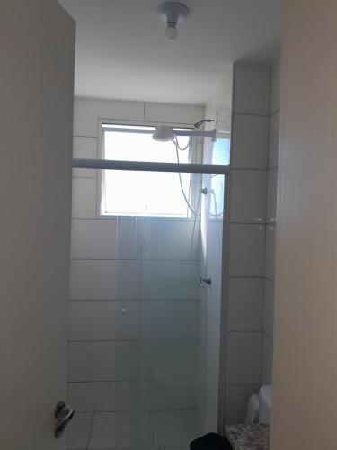 baño con ducha y ventana en Apartamento do Remanso 2/4, en Hortolândia