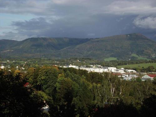 a mountain in the distance with a town and trees at Jandlova Vila in Frenštát pod Radhoštěm