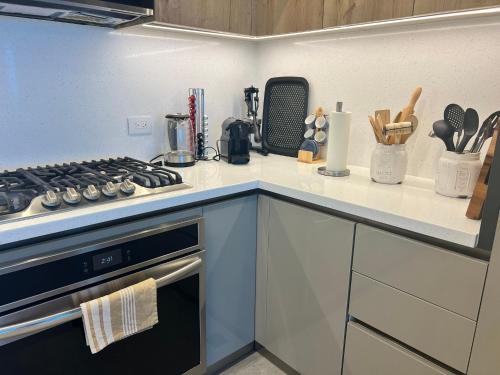 a kitchen with a stove and a counter top at Delux Oceanview on the Caribbean @ Playa Escondida Resort in María Chiquita