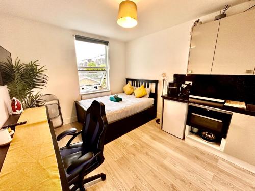 um quarto com uma cama e uma secretária com uma cadeira em Lovely self contained studio now available em Londres