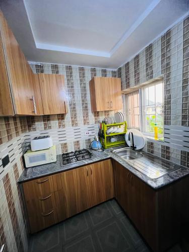 una pequeña cocina con armarios de madera y fregadero en Apartments by Dee en Port Harcourt