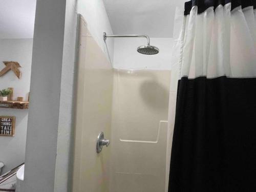 eine Dusche mit einer weißen Tür und einem schwarzen Duschvorhang in der Unterkunft Second floor apartment in Mountain Iron