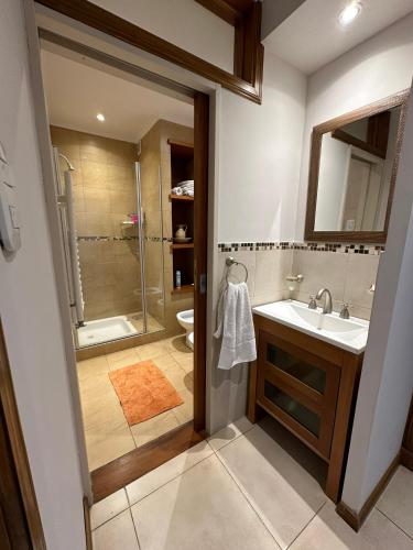 a bathroom with a shower and a sink and a toilet at Casa Aurora in Olavarría