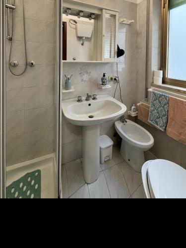 a bathroom with a sink and a toilet and a shower at La Casetta di Romeo in Trapani