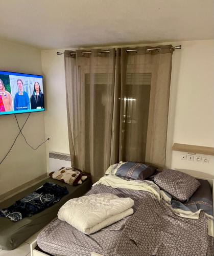 Cette chambre dispose de 2 lits et d'une télévision murale. dans l'établissement Studio avec place de parking à la timone, à Marseille
