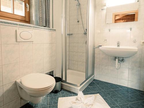 ein Bad mit einem WC, einem Waschbecken und einer Dusche in der Unterkunft Uriges Chalet 1 in Grafenweg