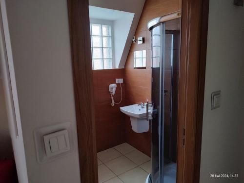 a bathroom with a shower and a toilet and a sink at SKIPPER ROOMS Gdańsk in Gdańsk