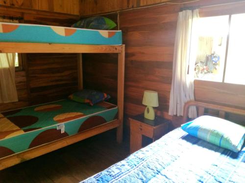 基多的住宿－Bosque Secreto - Private Cabin and Camping，一间卧室设有两张双层床和一扇窗户。