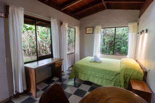 um quarto com uma cama, uma secretária e janelas em Elida Lodge Monteverde em Monteverde
