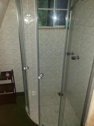 une douche avec une porte vitrée dans une salle de bain dans l'établissement Ridge View Cottage Blue Mountain Wilderness Retreat, à Port Antonio
