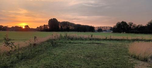 a field with the sunset in the background at De Langenbrinck Eerlijk Heerlijk overnachten in blokhut en ingerichte tent in Breedenbroek