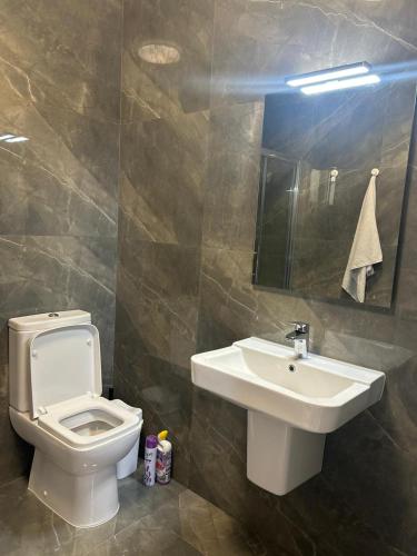 ein Badezimmer mit einem weißen WC und einem Waschbecken in der Unterkunft MULBERRY PARK in St Paul's Bay