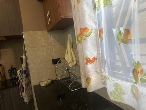 un comptoir de cuisine avec un rideau avec des pommes dessus dans l'établissement Luxurious Apartments (Free Wifi Dstv & Long Stay Discounts), à Kampala