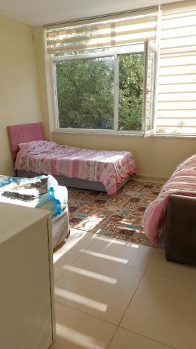 TatvanにあるTatvan Kamp Alanıのベッド2台と窓が備わる客室です。