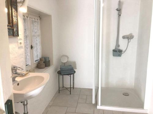 a white bathroom with a sink and a shower at Dans les Bois in Taintrux
