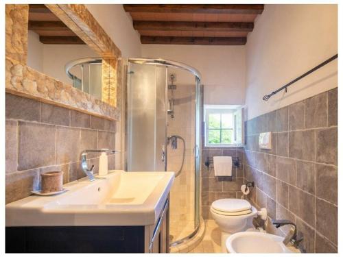 y baño con ducha, lavabo y aseo. en Villa Rignano Comfortable holiday residence, en Rignano sullʼArno