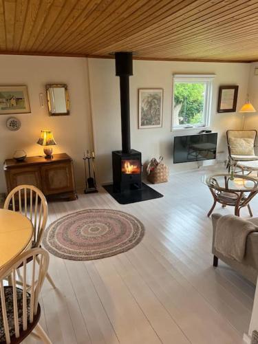 a living room with a wood burning stove in it at 120 m fra stranden med ro og hygge in Kalundborg