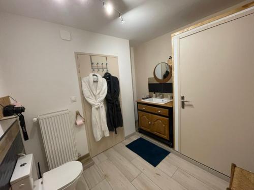 baño con aseo, lavabo y puerta en La Parenthèse Bucolique, en Aire-sur-la-Lys