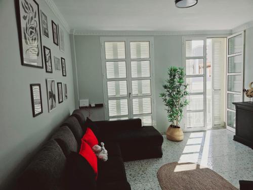 a living room with a black couch and a plant at Flat Triana in Las Palmas de Gran Canaria