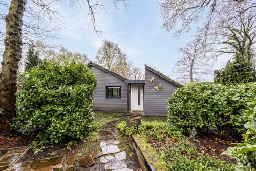 a gray house with a tree and some bushes at Vakantiewoning De Vlinder, Bakkeveen in Bakkeveen