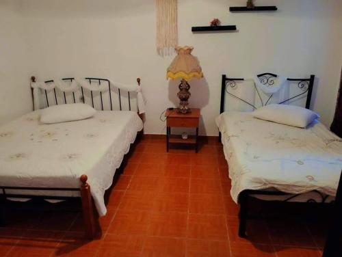 a bedroom with two beds and a wooden floor at VILLA KONSTANTINA in Nea Skioni