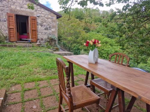 a wooden table with a vase of flowers on it at Le Terrazze della Tuscia in Latera
