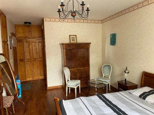 - une chambre avec un lit, deux chaises et un lustre dans l'établissement Joli studio indépendant et jardin, à Saint-Prix