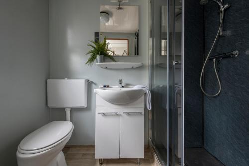 a bathroom with a toilet and a sink and a shower at 37, located in a quiet & wooded area! in Oisterwijk