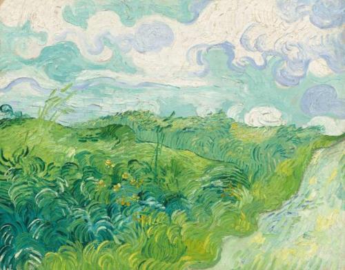 a painting of a field with bushes and clouds at L'ESTAMPE in Auvers-sur-Oise