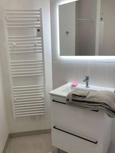 une salle de bain blanche avec un lavabo et un miroir dans l'établissement Studio à louer style loft, à Mantes-la-Jolie