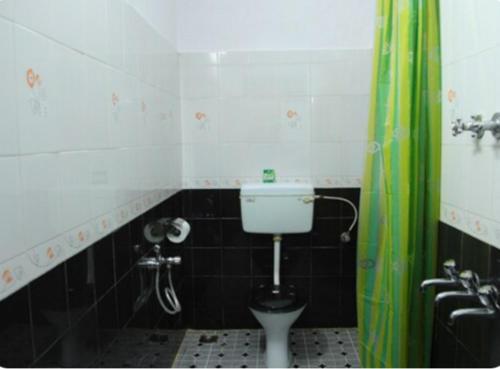uma casa de banho com um WC e uma cortina de chuveiro verde em Kuppath Inn em Cochin